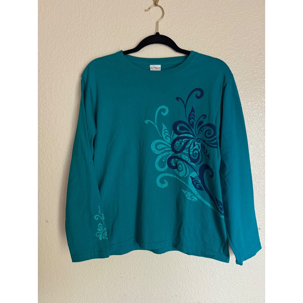 Crazy Shirts Hawaii Teal Floral Long Sleeve Graphic Tee Large Y2K
